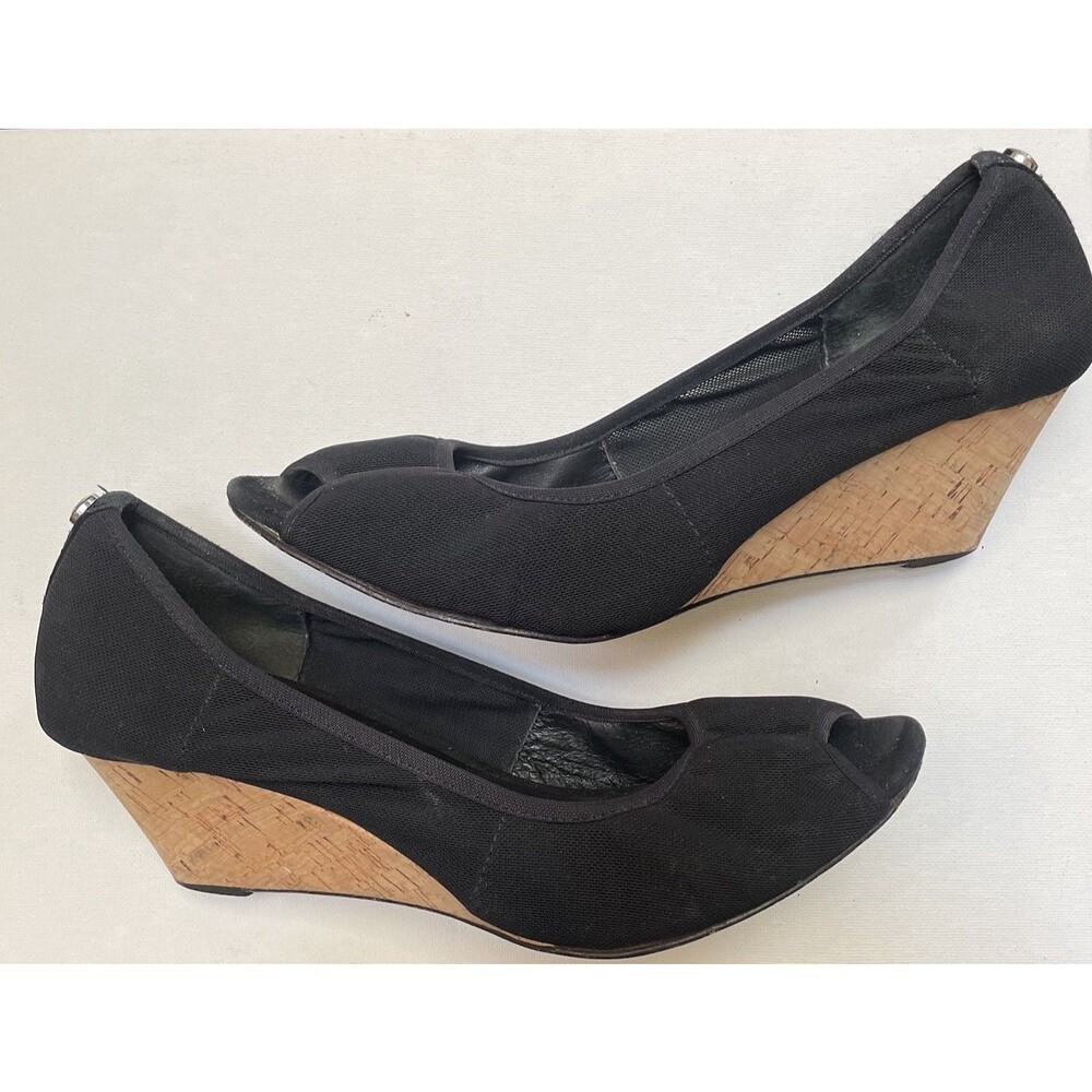 Donald J. Pliner Molly Black Cork Mesh SZ 7.5 M Peep-Toe Wedge Shoes Goth Comfy